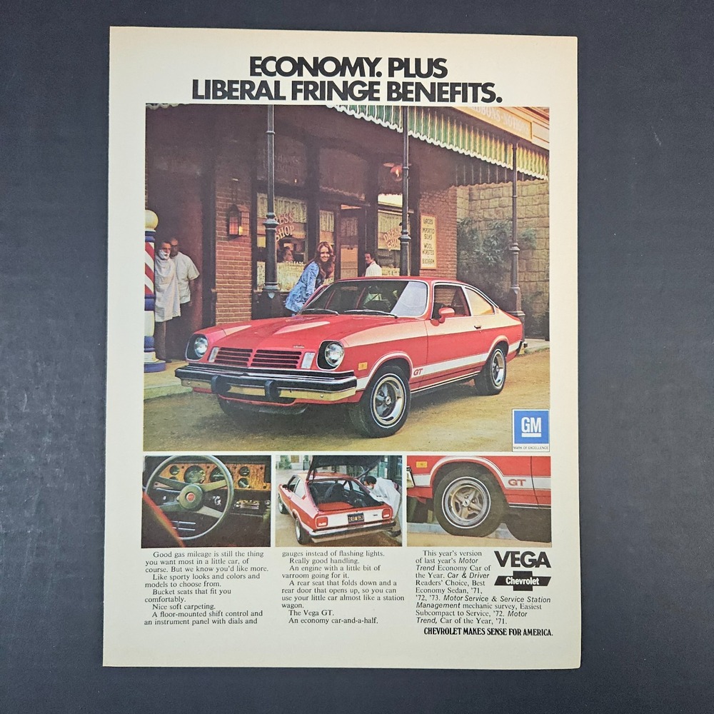1974 Chevrolet Chevy Vega Vintage Print Ad Economy Compact Car Barber Shop Pole